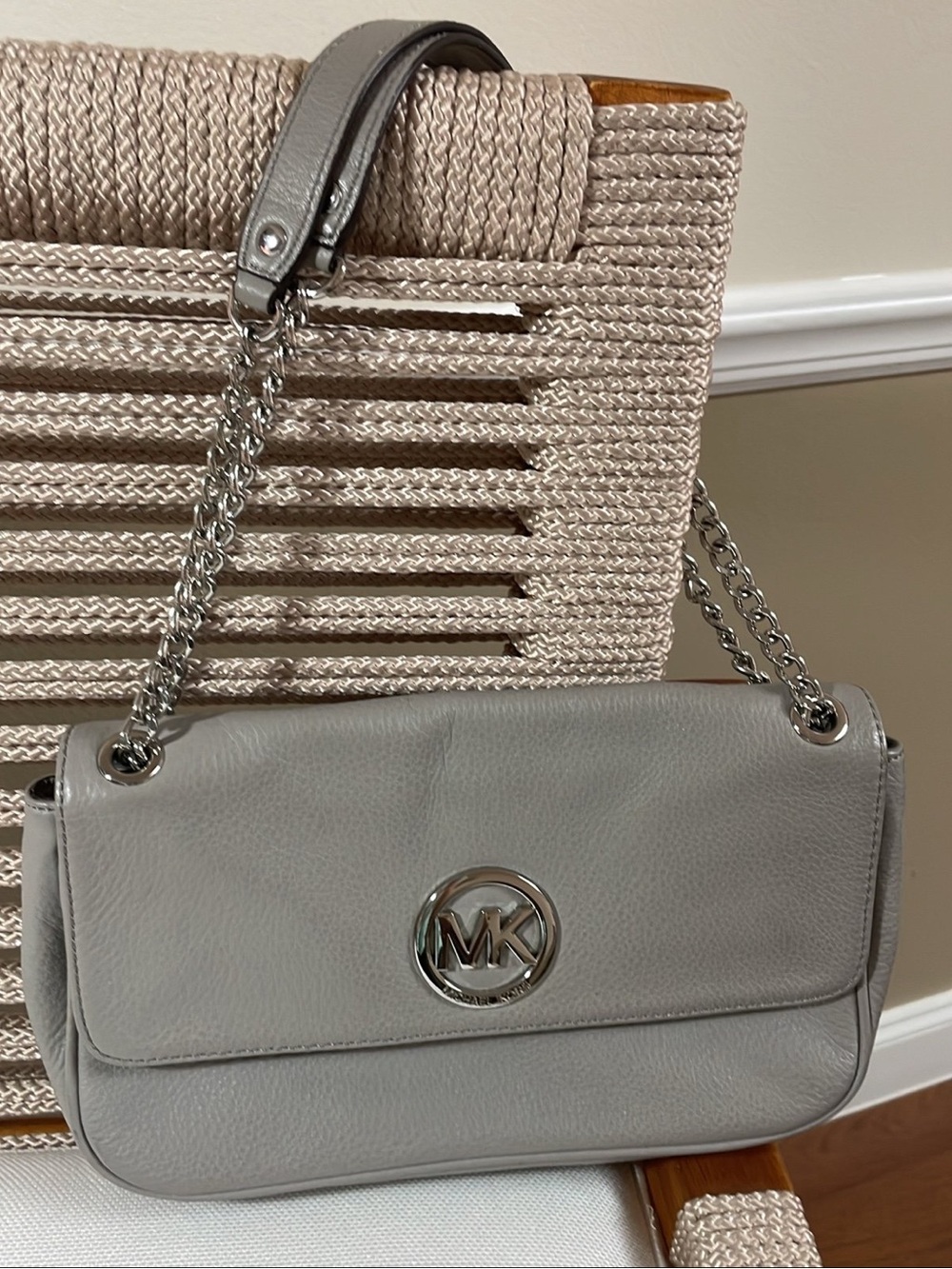 Michael Kors Light Grey Leather Shoulder Bag with Silver Chain